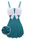 2PCS Blue 1930s Bow Strap Swimsuit & Skirt