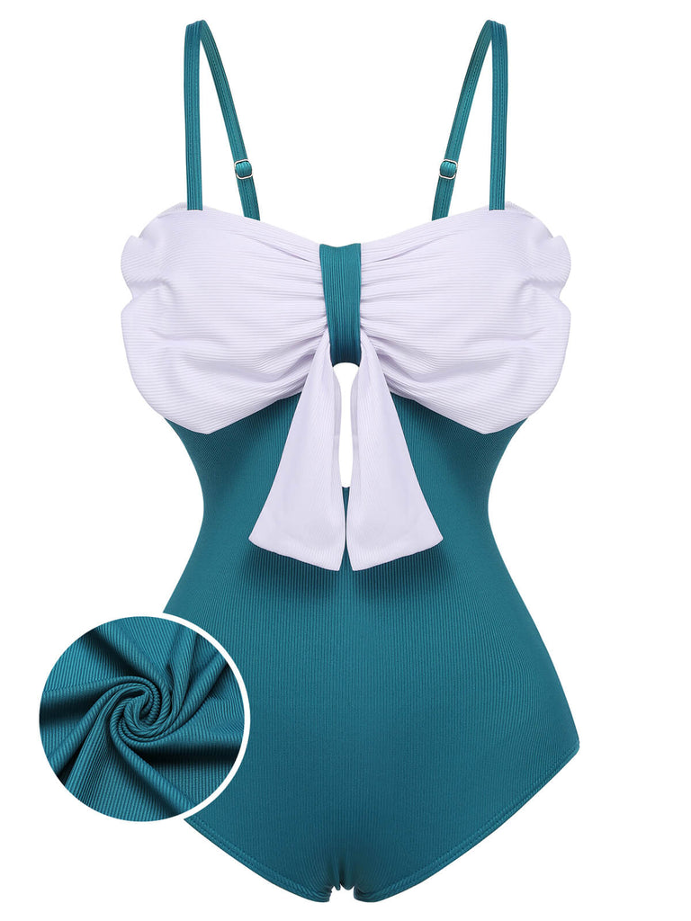 2PCS Blue 1930s Bow Strap Swimsuit & Skirt