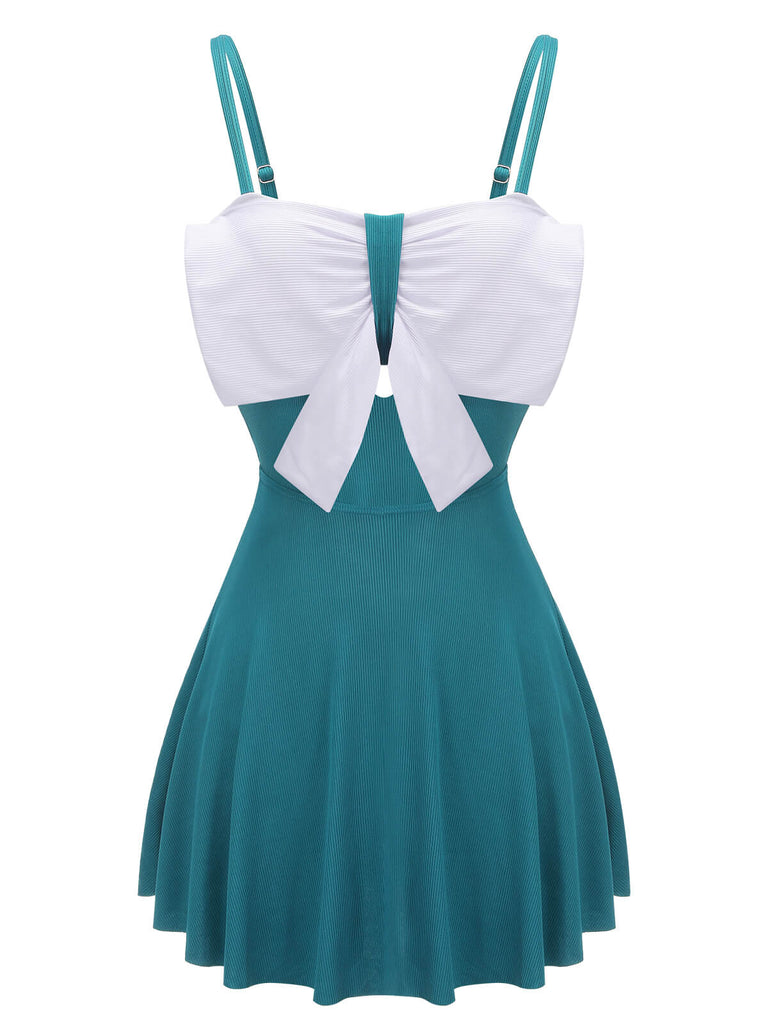 2PCS Blue 1930s Bow Strap Swimsuit & Skirt