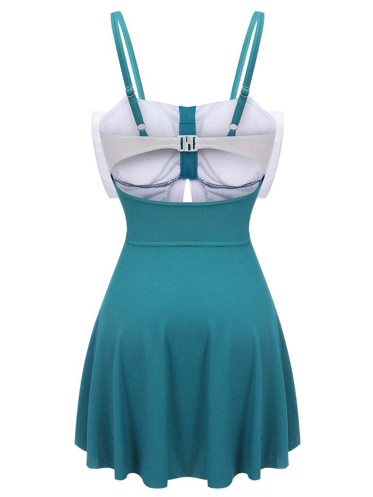 2PCS Blue 1930s Bow Strap Swimsuit & Skirt