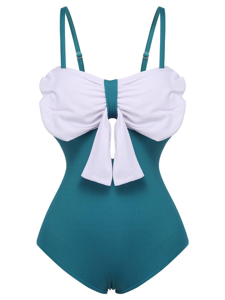 2PCS Blue 1930s Bow Strap Swimsuit & Skirt