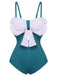 2PCS Blue 1930s Bow Strap Swimsuit & Skirt