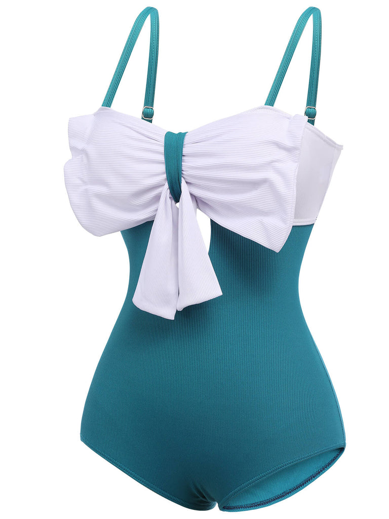 2PCS Blue 1930s Bow Strap Swimsuit & Skirt