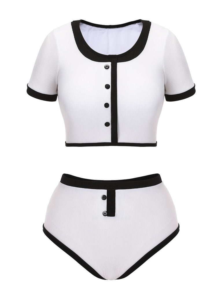 Blue 1940s Patchwork Buttoned Swimsuit