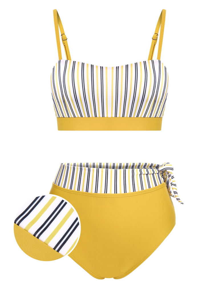 2PCS Yellow 1940s Striped Patchwork Swimsuit