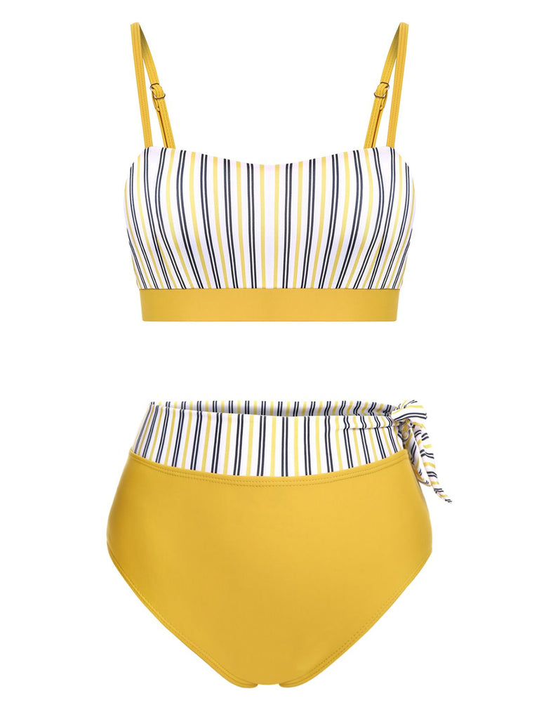 2PCS Yellow 1940s Striped Patchwork Swimsuit