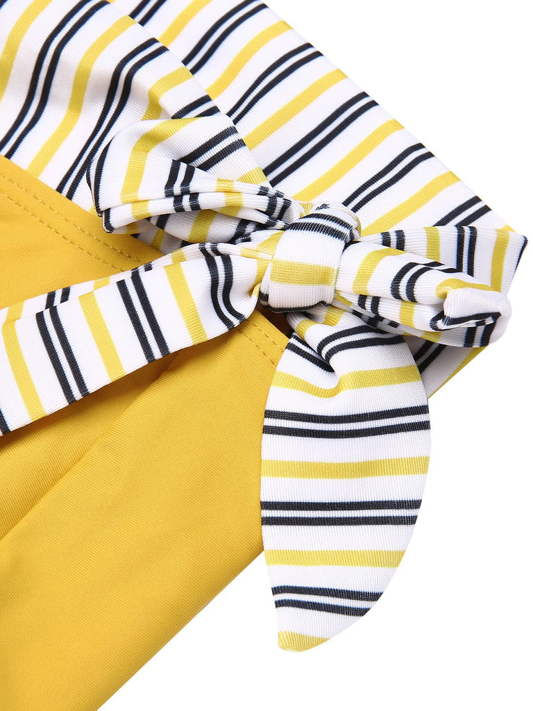2PCS Yellow 1940s Striped Patchwork Swimsuit | Retro Stage