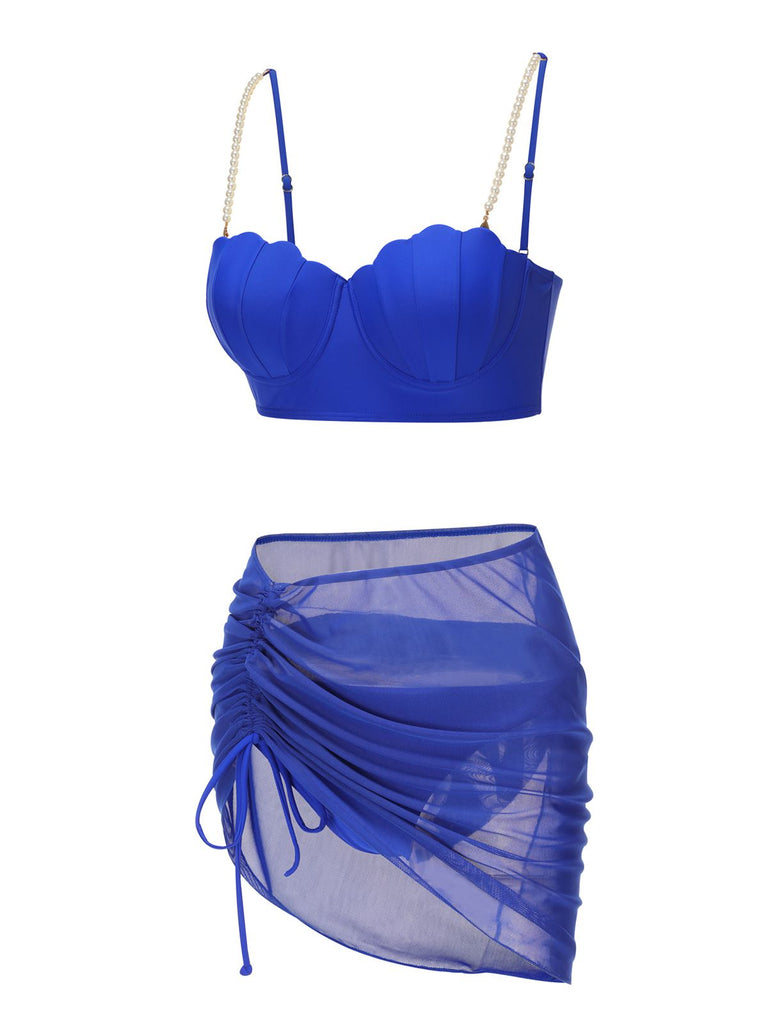 Blue 1940s Solid Spaghetti Strap Swimsuit With Pearl