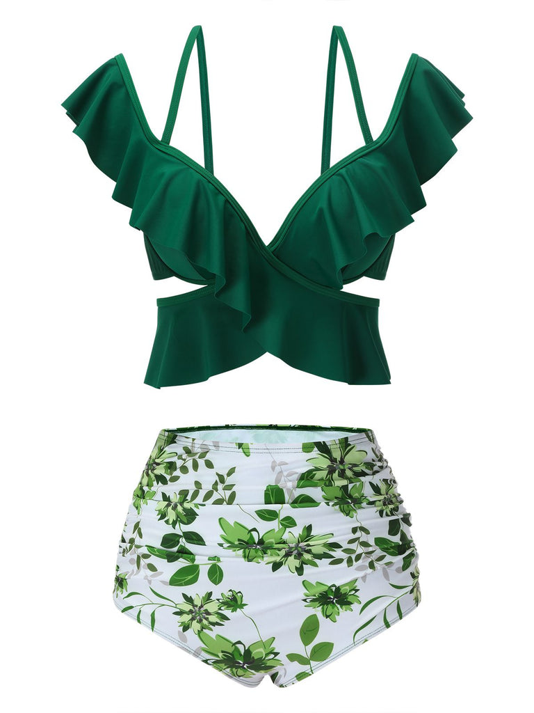 Green 1940s Ruffles Floral Spaghetti Strap Swimsuit | Retro Stage