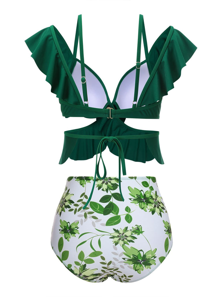 Green 1940s Ruffles Floral Spaghetti Strap Swimsuit
