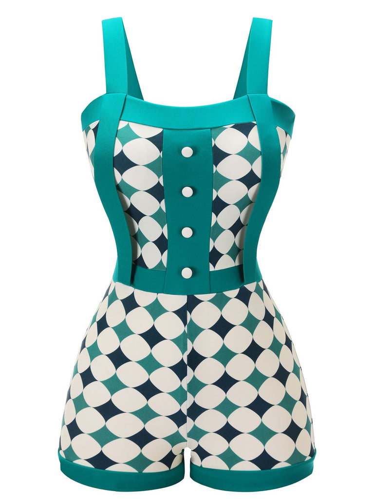 Green 1950s Geometric Pattern Patchwork Swimsuit