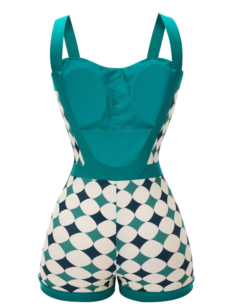 Green 1950s Geometric Pattern Patchwork Swimsuit