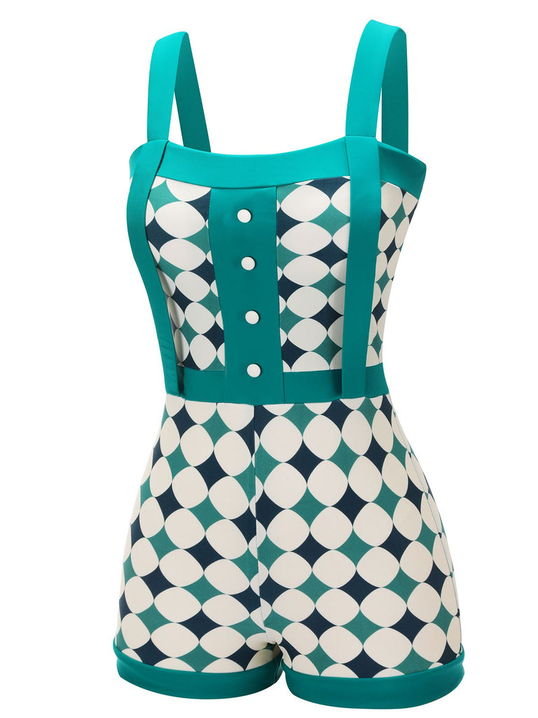 Green 1950s Geometric Pattern Patchwork Swimsuit
