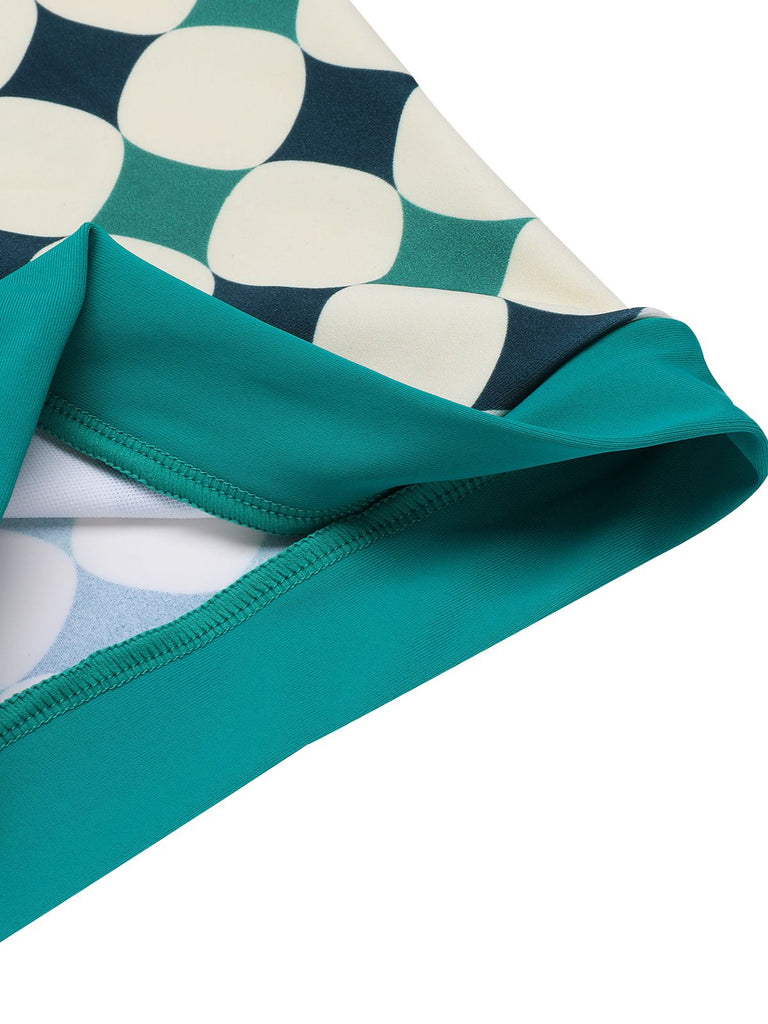 Green 1950s Geometric Pattern Patchwork Swimsuit