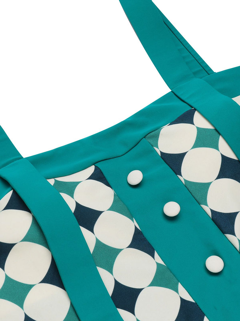 Green 1950s Geometric Pattern Patchwork Swimsuit