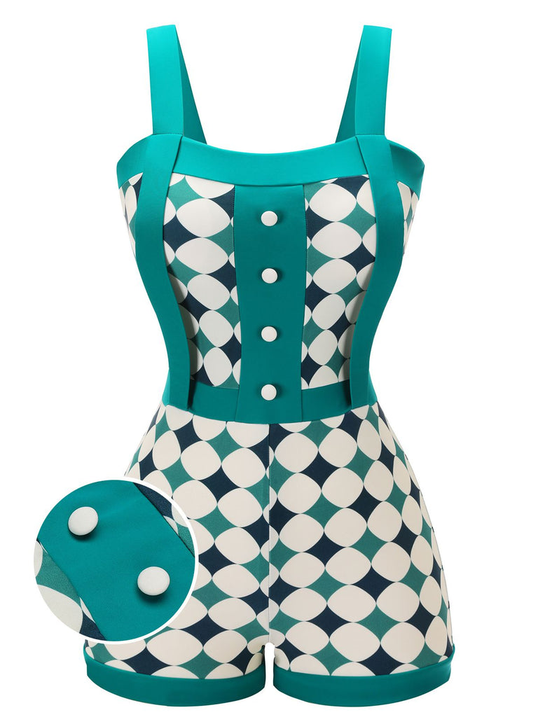 Green 1950s Geometric Pattern Patchwork Swimsuit