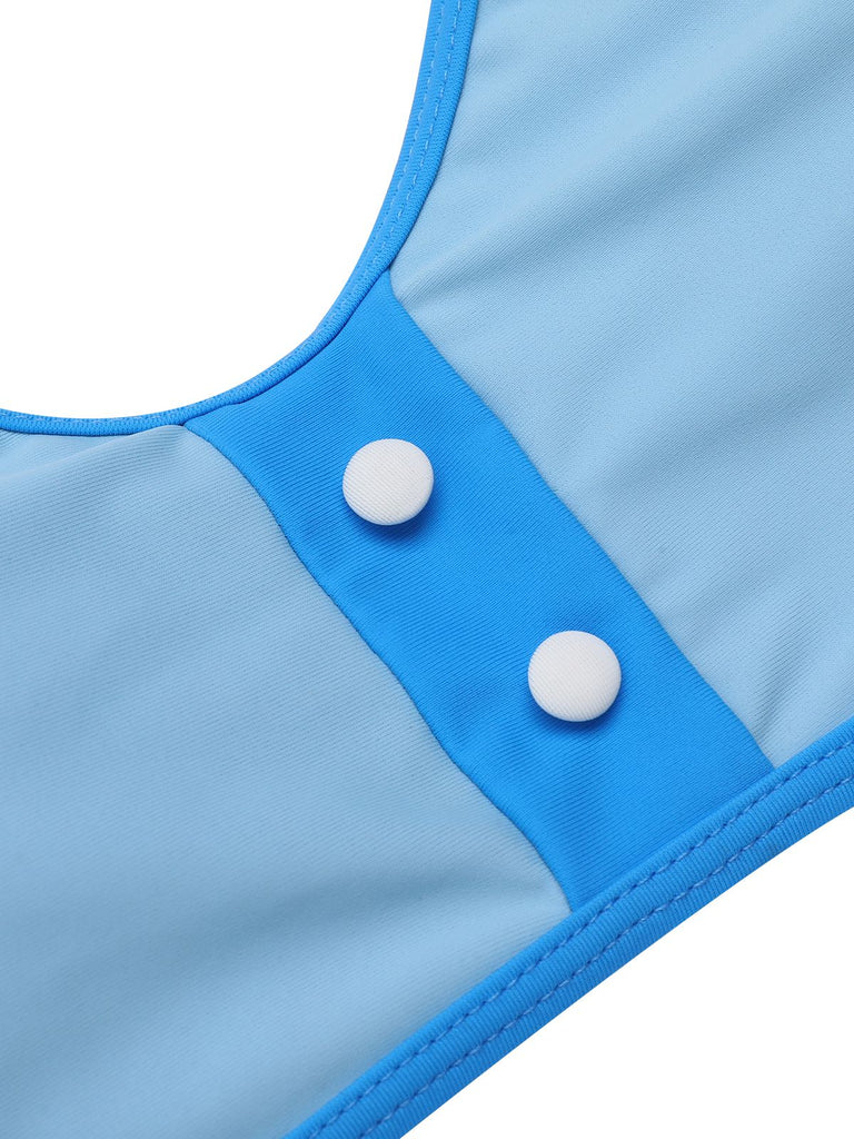 Blue 1950s Button Patchwork Swimsuit
