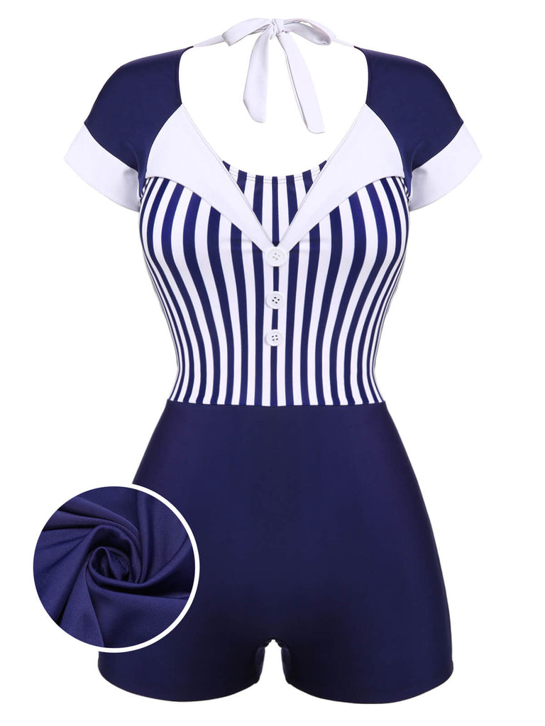 [US Warehouse] Navy Blue 1930s Stripe Patchwork Swimsuit