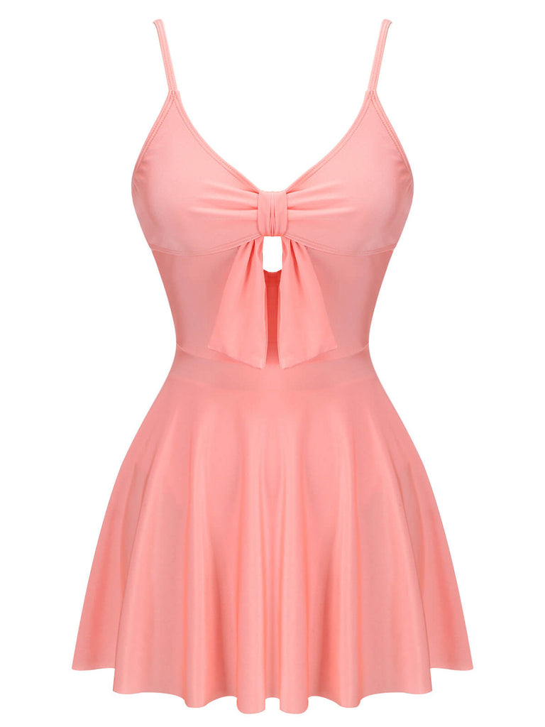 [US Warehouse] Pink 1940s Bow Halter One-piece Swimsuit