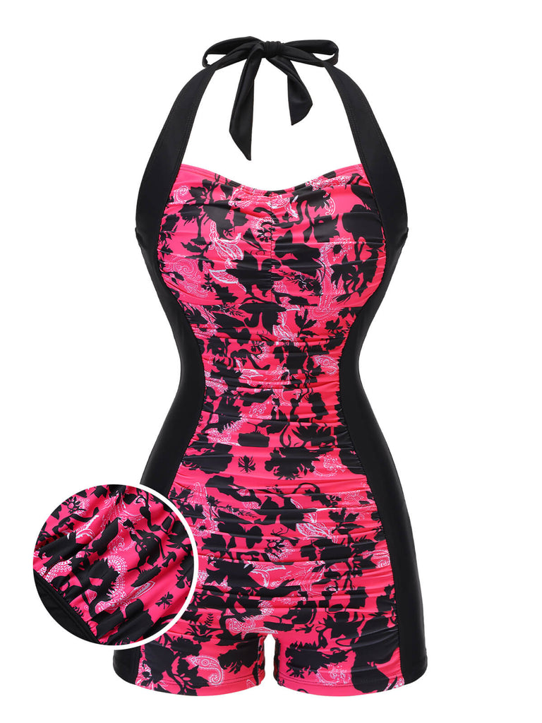Black & Pink 1950s Floral Halter Swimsuit