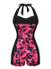 Black & Pink 1950s Floral Halter Swimsuit