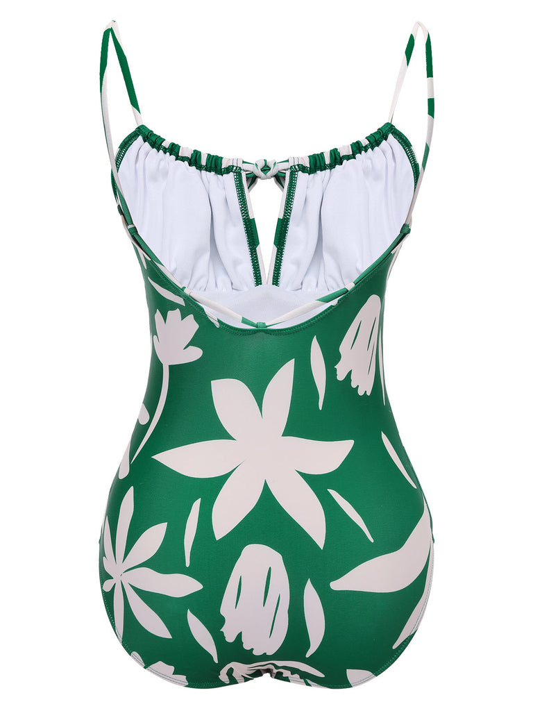 1960s Green Leaf Sleeveless Camisole Strap Swimsuit