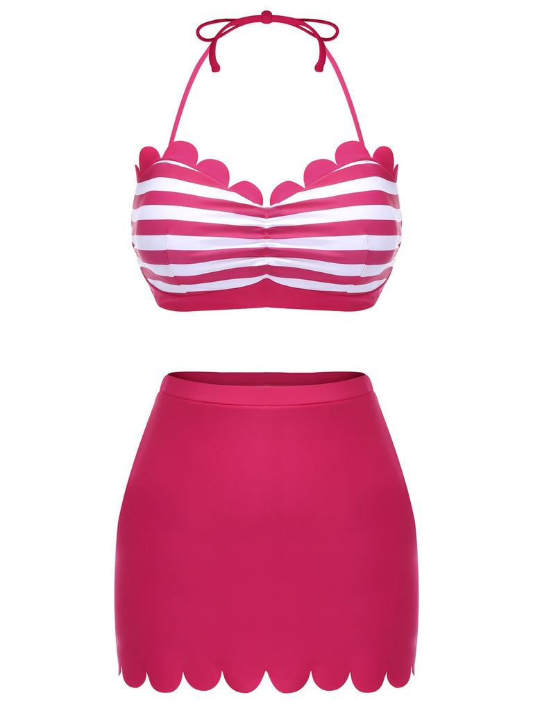 [US Warehouse] Rose Pink 1940s Stripes Halter Bikini Set