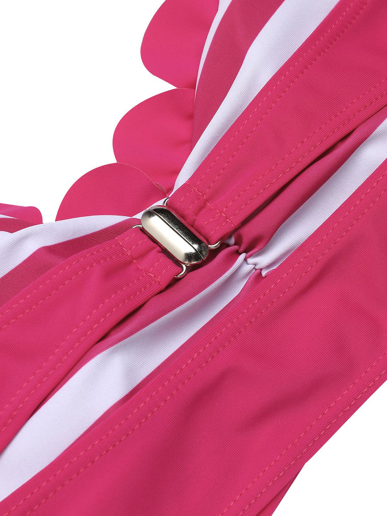 [US Warehouse] Rose Pink 1940s Stripes Halter Bikini Set