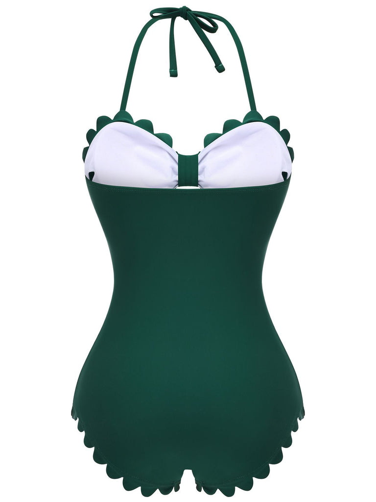 [US Warehouse] Dark Green 1940s Solid Halter One-piece Swimsuit