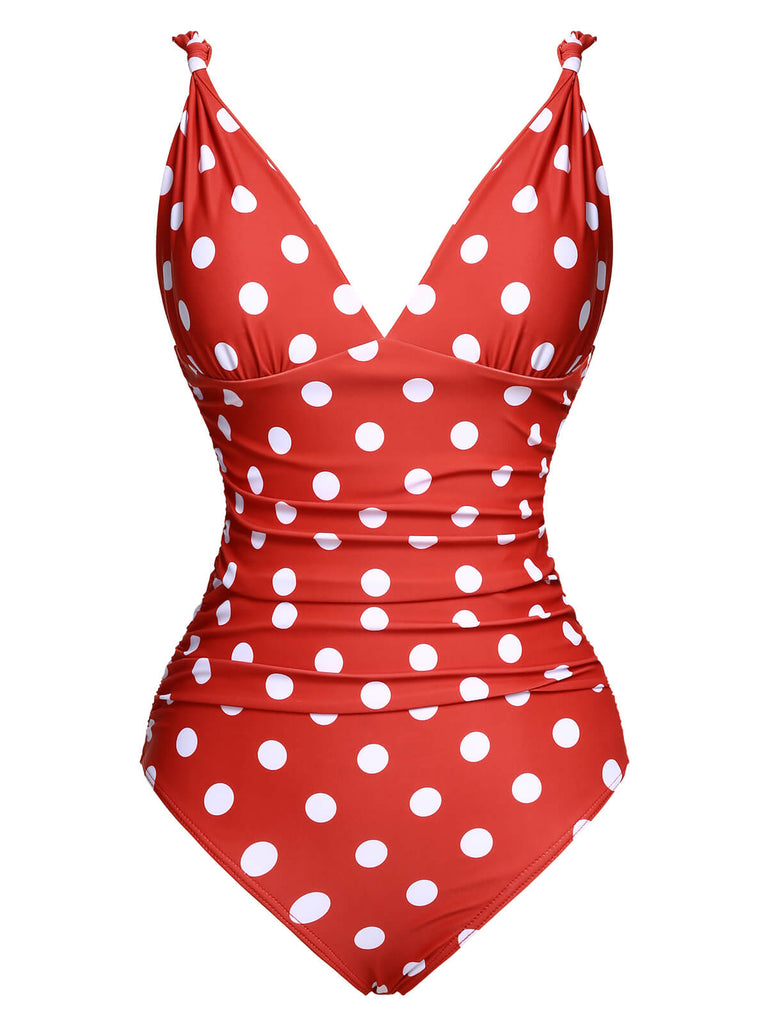 [US Warehouse] Red 1930s Polka Dot V-Neck Swimsuit