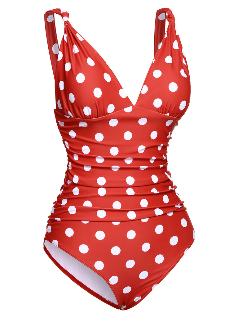 [US Warehouse] Red 1930s Polka Dot V-Neck Swimsuit