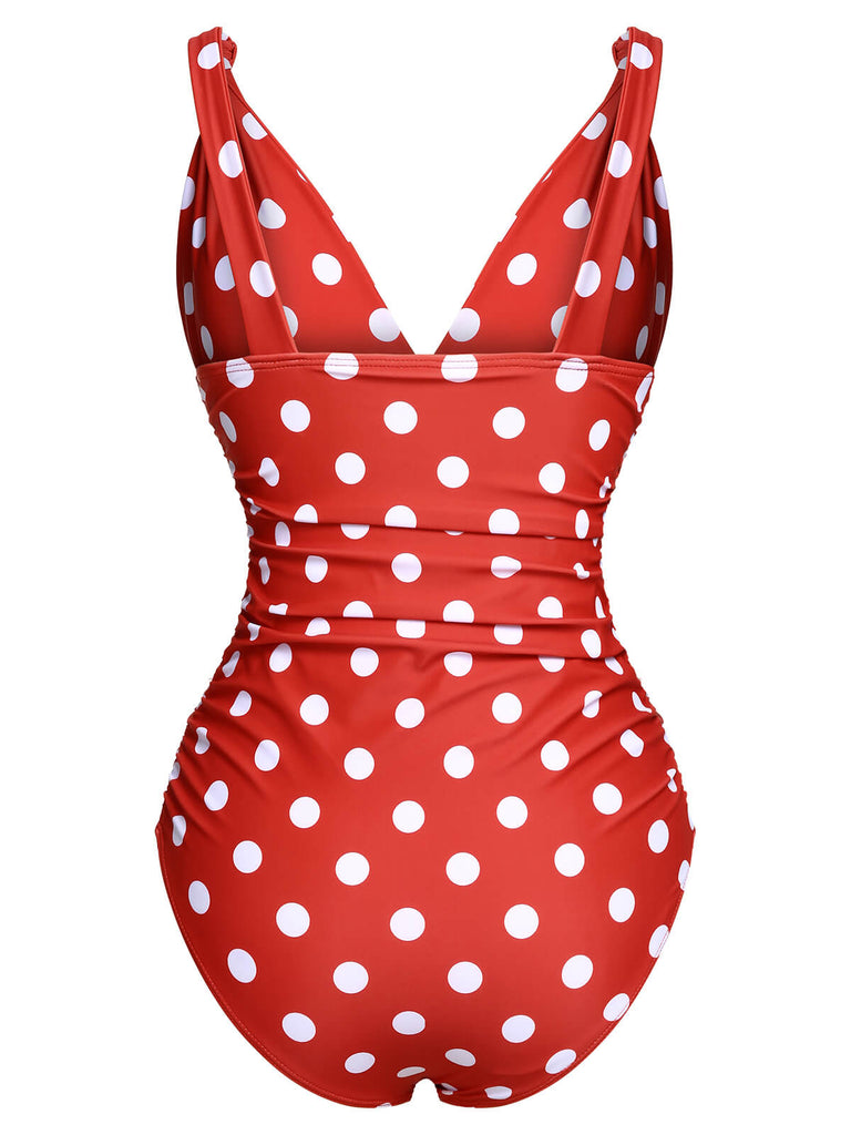 [US Warehouse] Red 1930s Polka Dot V-Neck Swimsuit