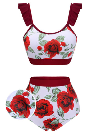 [US Warehouse] Red 1940s Floral Ruffles Swimsuit