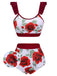 Red 1940s Floral Ruffles Swimsuit