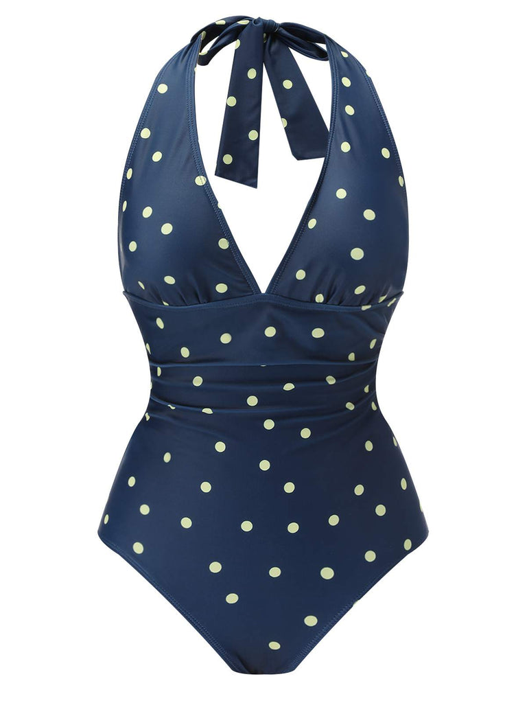 Blue 1960s Polka Dot Patchwork Halter Swimsuit | Retro Stage