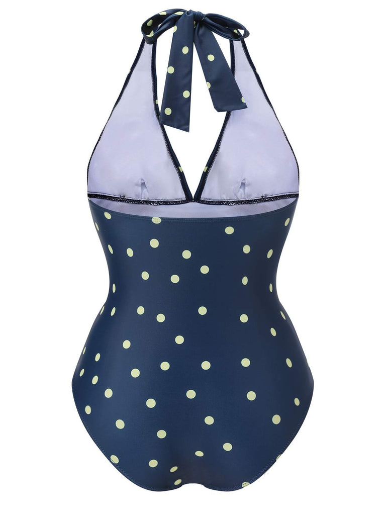 Blue 1960s Polka Dot Patchwork Halter Swimsuit | Retro Stage