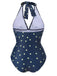 Blue 1960s Polka Dot Patchwork Halter Swimsuit