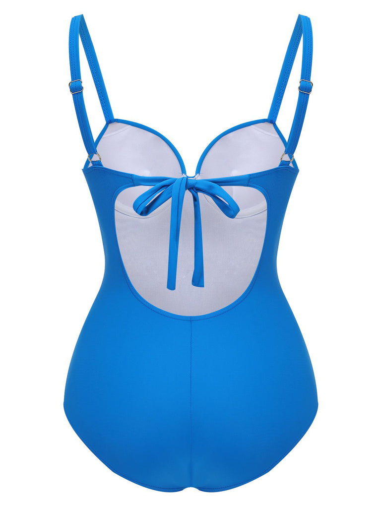 Blue 1950s Solid Added Strap Swimsuit