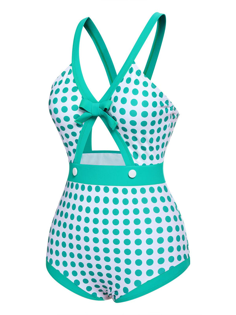 Green 1940s Polka Dot Bowknot One-Piece Swimsuit