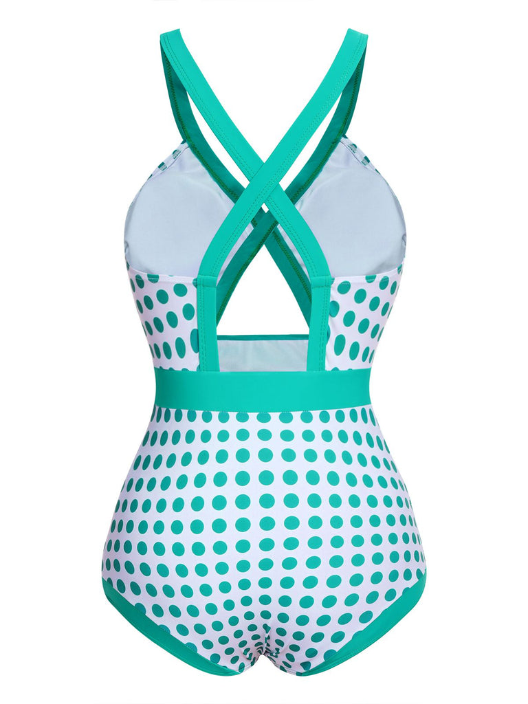 Green 1940s Polka Dot Bowknot One-Piece Swimsuit