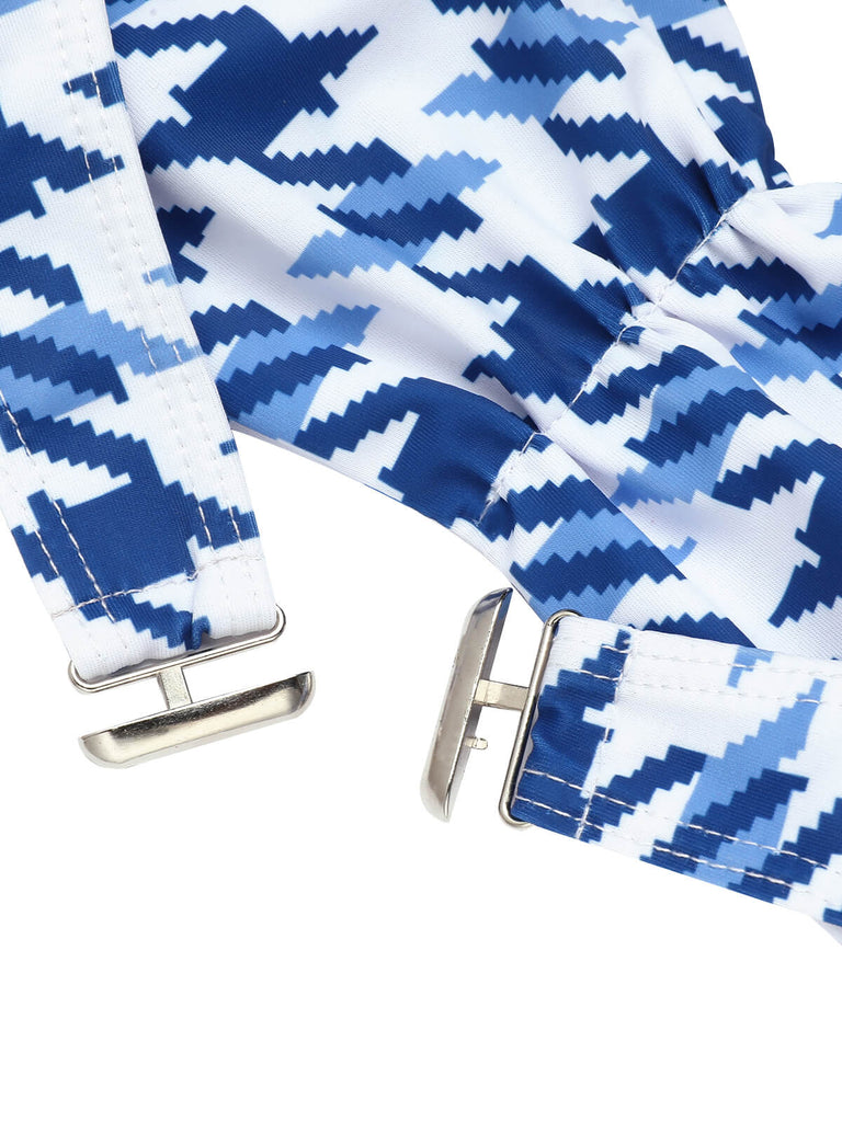 Blue 1940s Houndstooth Bow Halter Swimsuit