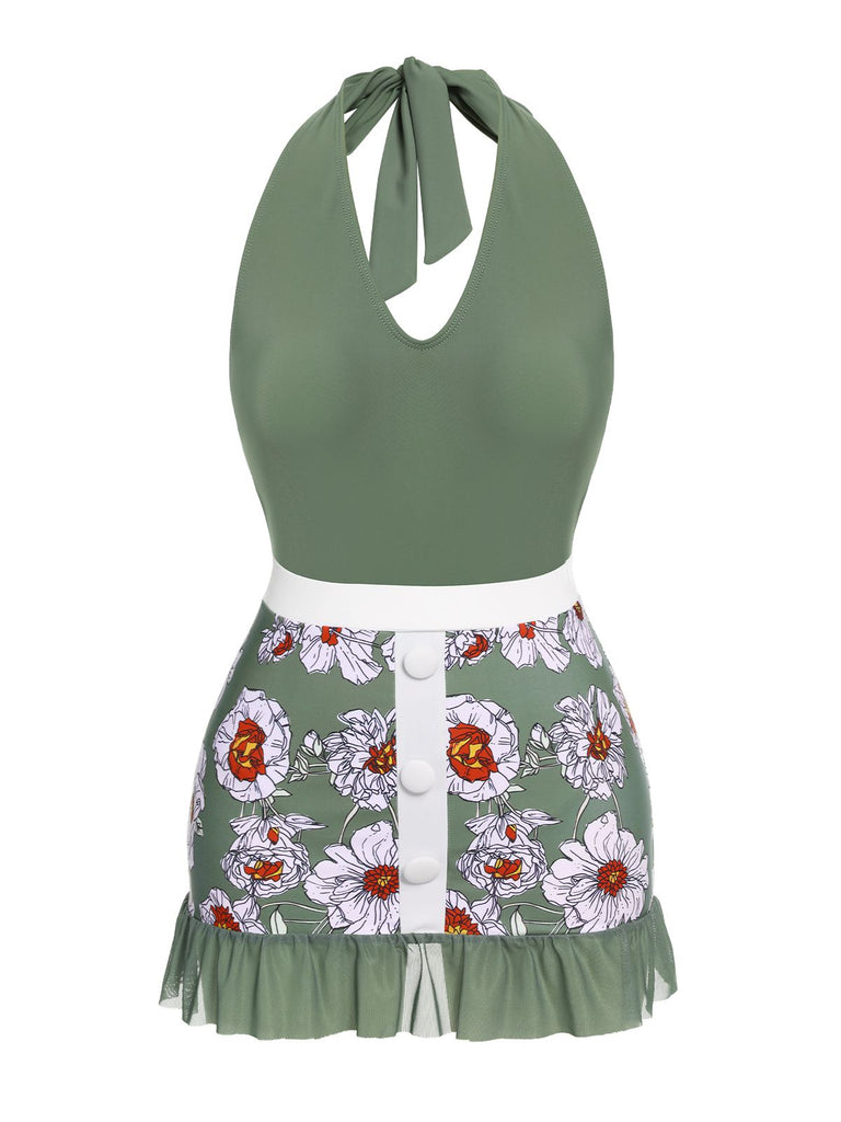 Green 1940s Floral Halter One-Piece Swimsuit