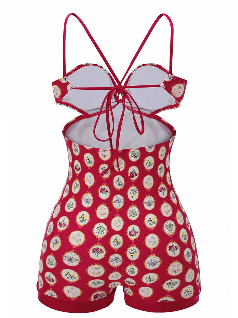 [US Warehouse] Red 1950s Strap Floral One-piece Swimsuit