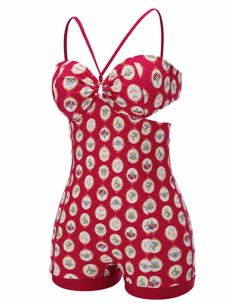 Red 1950s Strap Floral One-piece Swimsuit