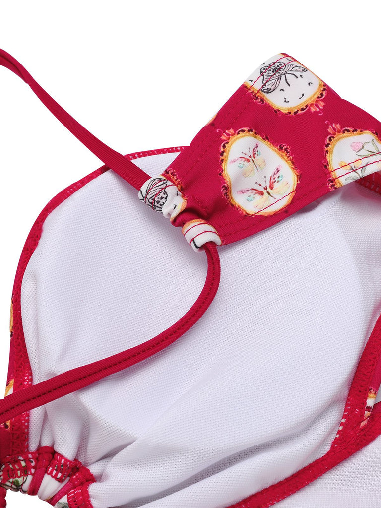[US Warehouse] Red 1950s Strap Floral One-piece Swimsuit