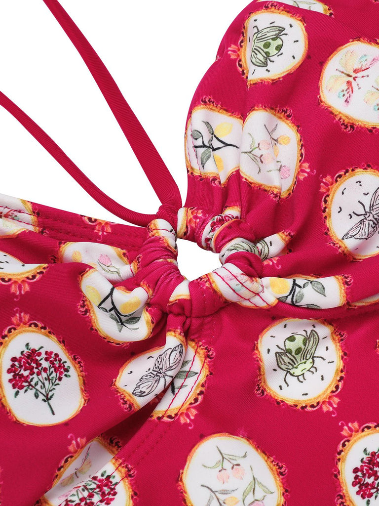 [US Warehouse] Red 1950s Strap Floral One-piece Swimsuit