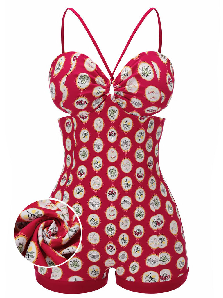 [US Warehouse] Red 1950s Strap Floral One-piece Swimsuit