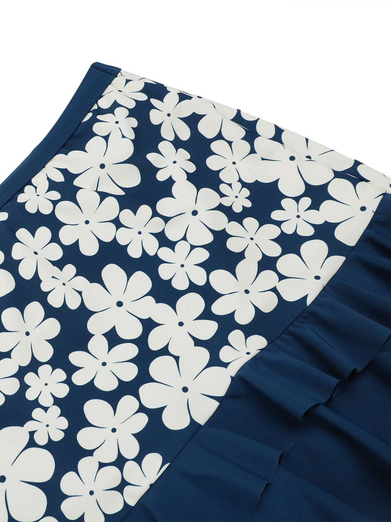 Blue 1940s Floral Ruffles Halter Swimsuit
