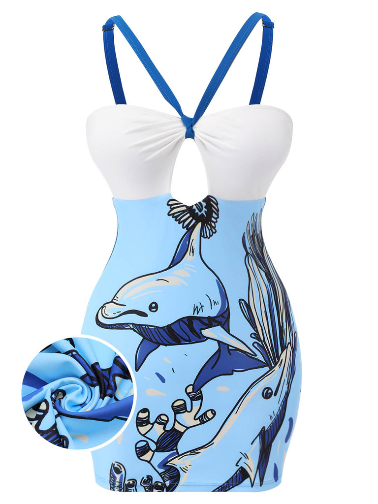 Blue 1940s Dolphin Halter One-piece Swimsuit