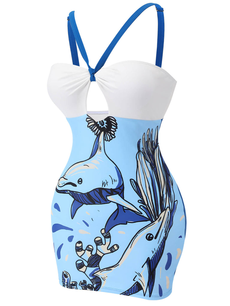 Blue 1940s Dolphin Halter One-piece Swimsuit